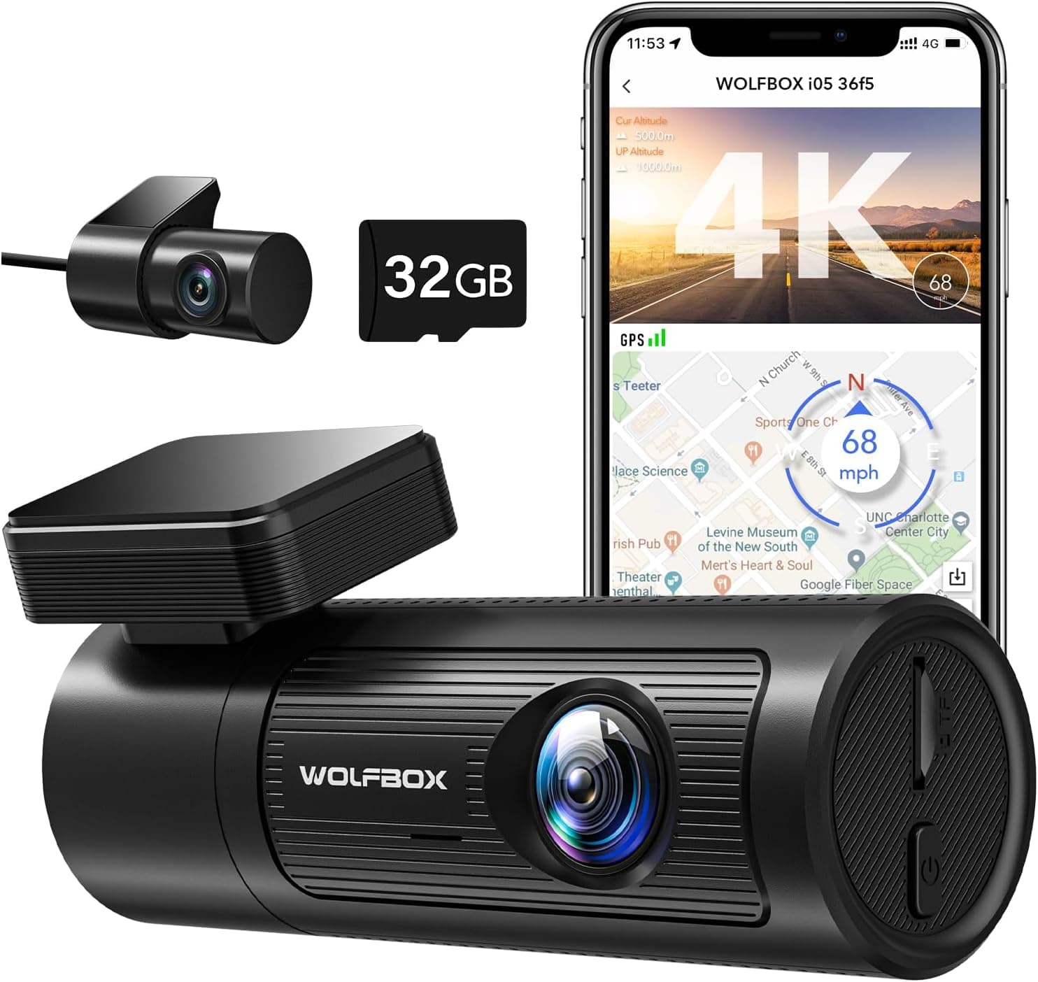 WOLFBOX Dash Cam Front and Rear, 4K Dash Cam with GPS WiFi UHD 2160P/1600P + 1080P,Dash Camera for Cars with 32G SD Card, WDR, Night Vision, Loop Recording,170°FOV