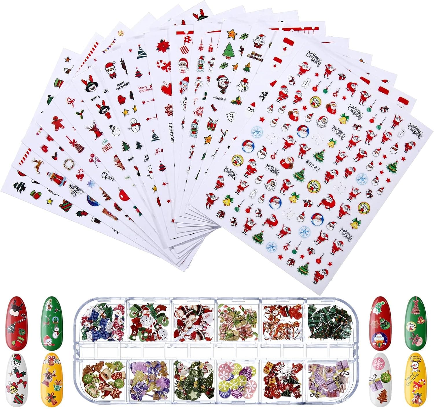 3000 Pieces Christmas Nail Design Stickers and Christmas Sequin 3D Nails Glitter Flakes Wood Chips, Self-Adhesive Nail Decals Snowflake Tree Santa Nail Stickers for Fingernail Toenail Decoration