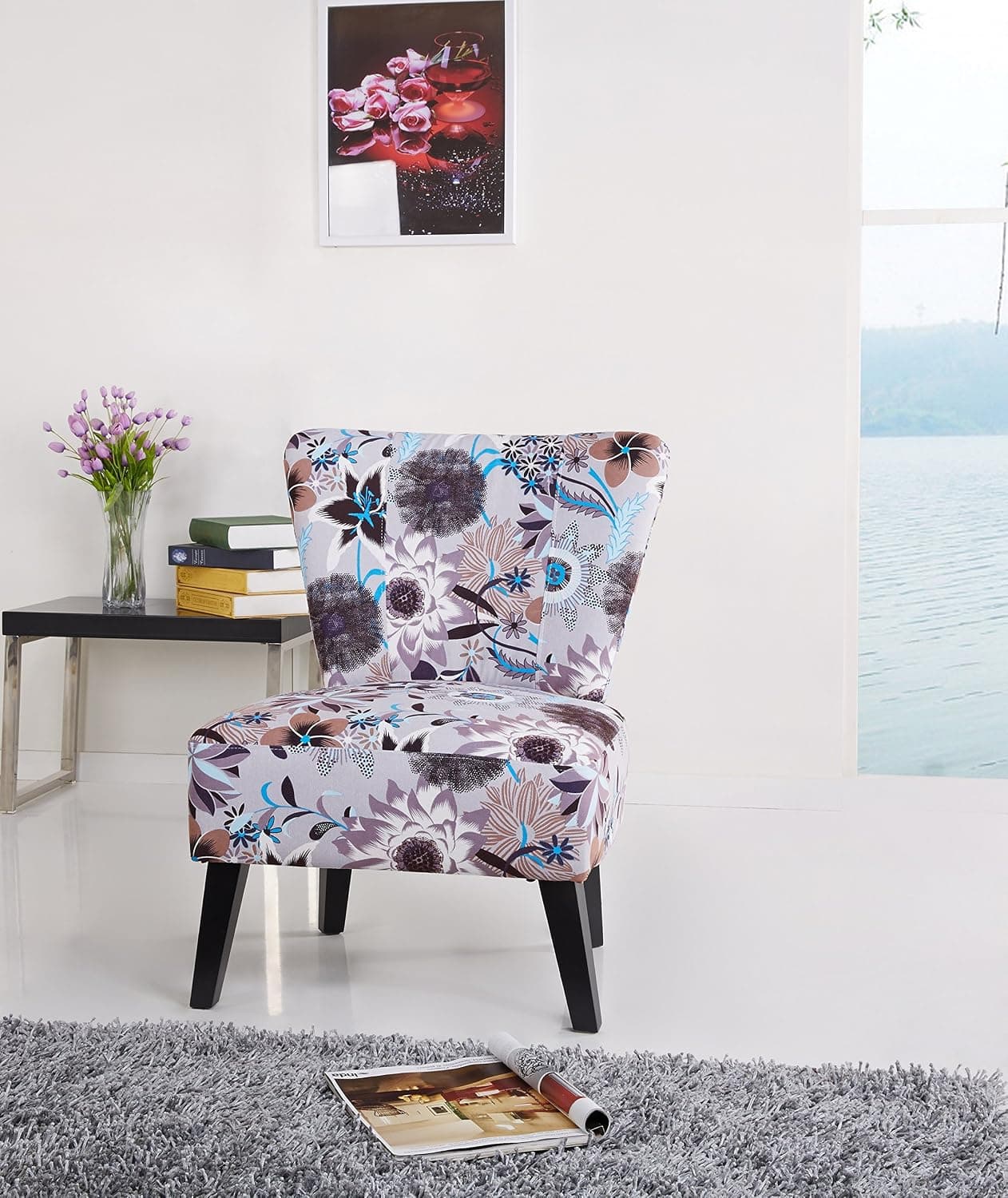 Container Furniture Direct Cora Collection Contemporary Floral Print Upholstered Living Room Accent Chair, Purple
