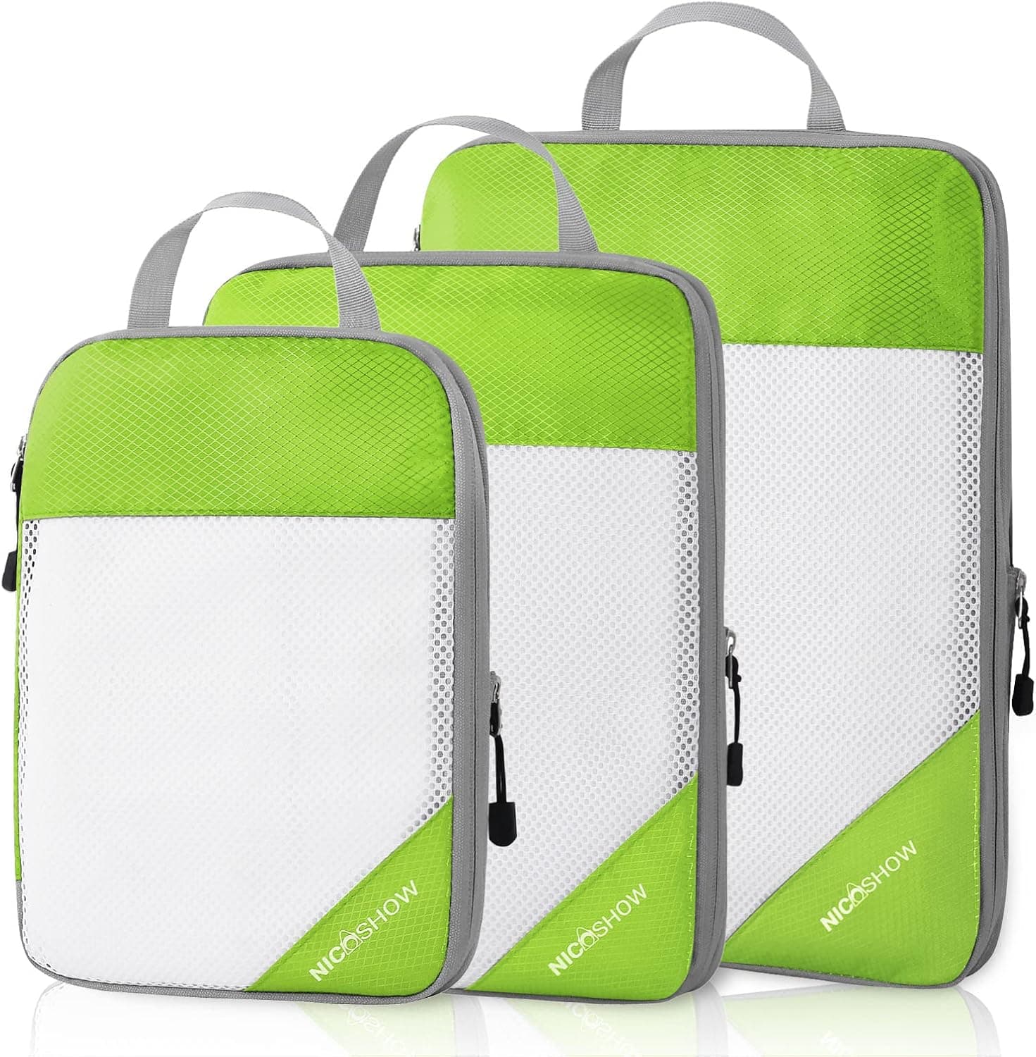 Compression Packing Cubes for Suitcases, NICOSHOW 3 Set Packing Cubes Travel Organizer, Compressible Travel Packing Organizers Travel Essentials for Women/Men, Green