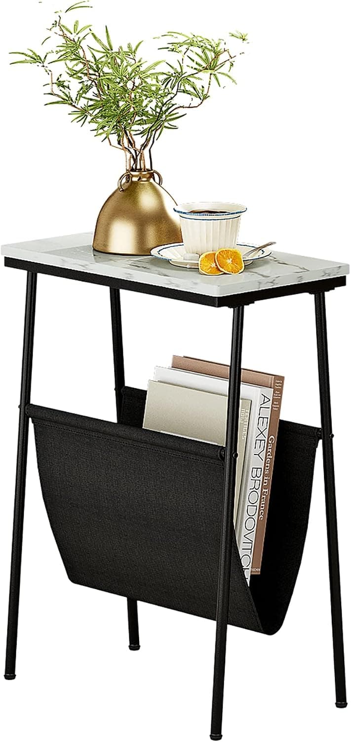 Function Home Side Table,Narrow End Table with Magazine Holder Sling, Sofa Beside Table for Coffee Snack in White