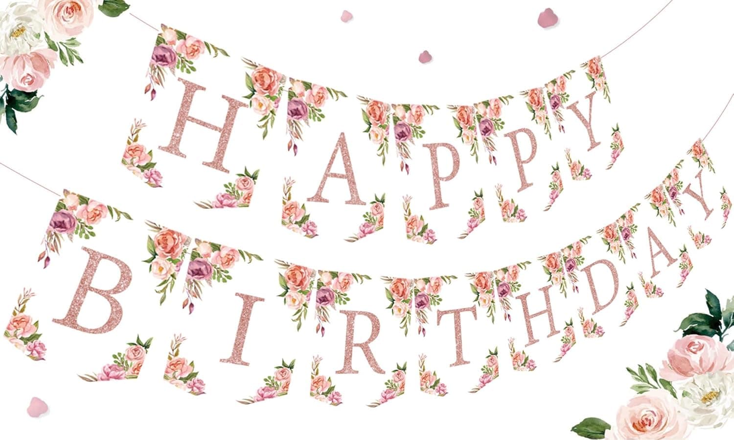 Rose Gold Floral Birthday Decorations for Women Girls - Floral Theme Glittery Happy Birthday Banner for Home Wall Mantel Window Birthday Party Supplies