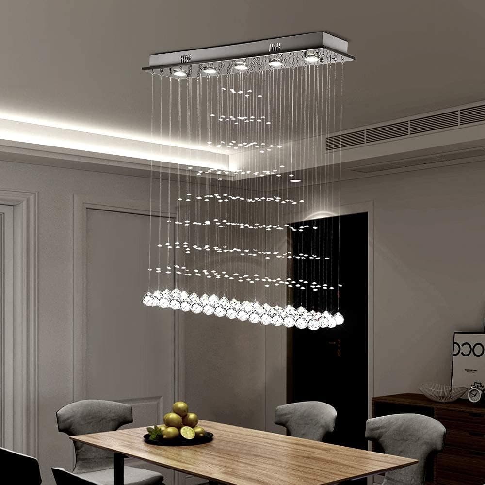 Maxax Rectangle Crystal Raindrop Chandelier, 5 Lights Modern Flush Mount Pendant Lighting, K9 Clear Ceiling Light Fixture, for Living Room, Bedroom, Dining Room, Kitchen Island