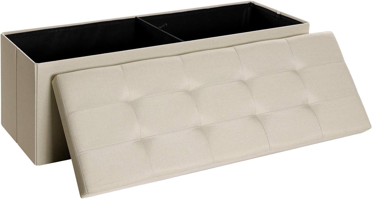 SONGMICS 43 Inches Folding Storage Ottoman Bench, Storage Chest, Foot Rest Stool, Bedroom Bench with Storage, Beige ULSF77BE