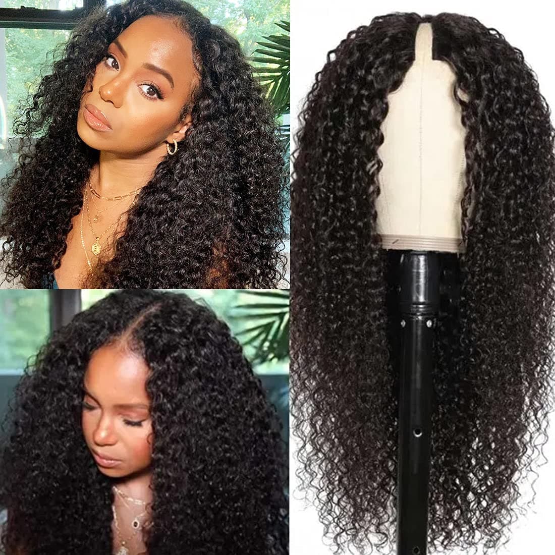 Nadula Curly Upgraded U Part Wig Human Hair 4x1 inch Samll Leave Out for Black Women, 10A Brazilian Curly U-Part Wigs Remy Hair No Glue No Sew in Beginner Friendly 150% Density Natural Color 24inch