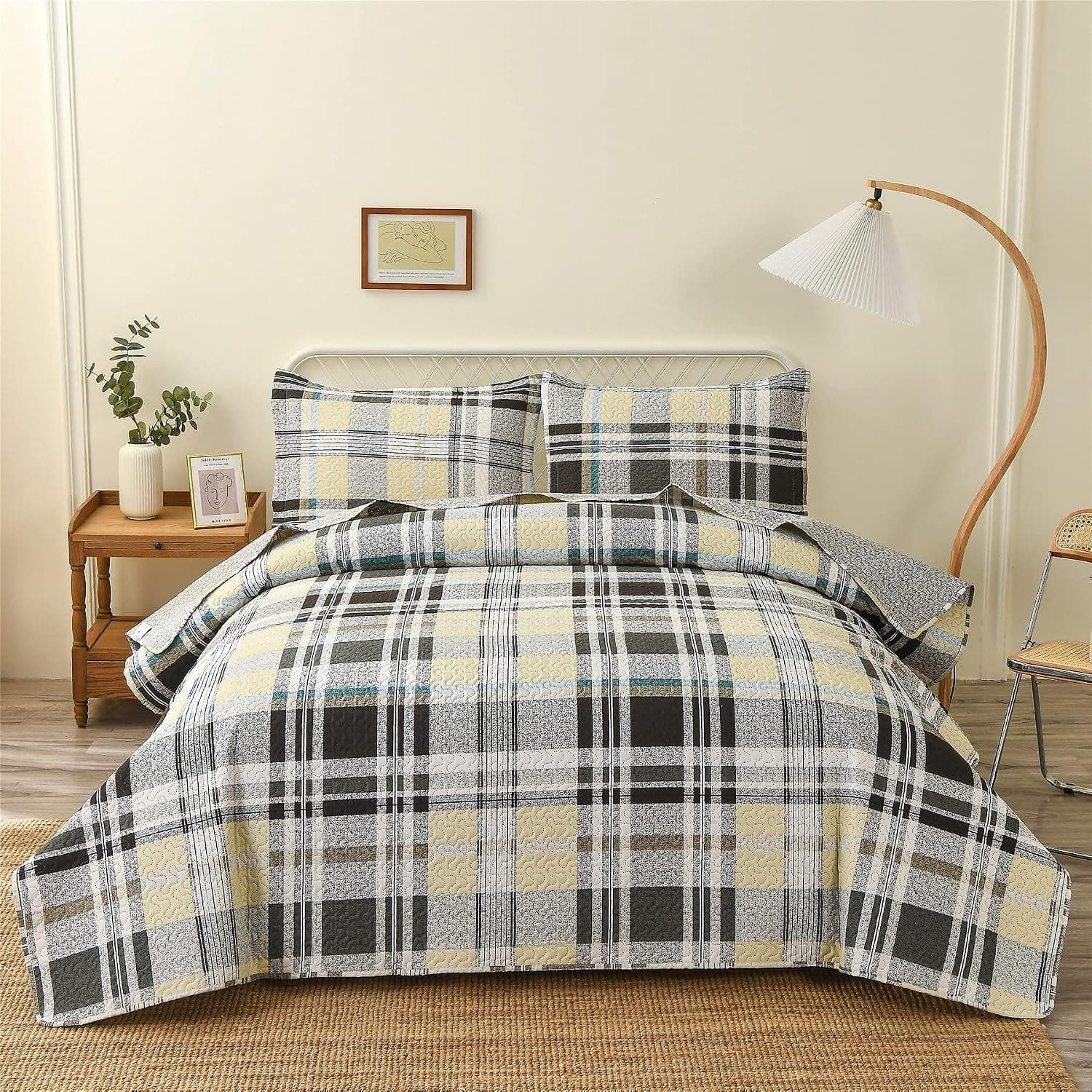 3 Piece King Size Plaid Printing Quilt Set Geometric Design All Season Breathable Coverlet Lightweight Bedspread Set Reversible Quilt Matching Shams Yellow/Green