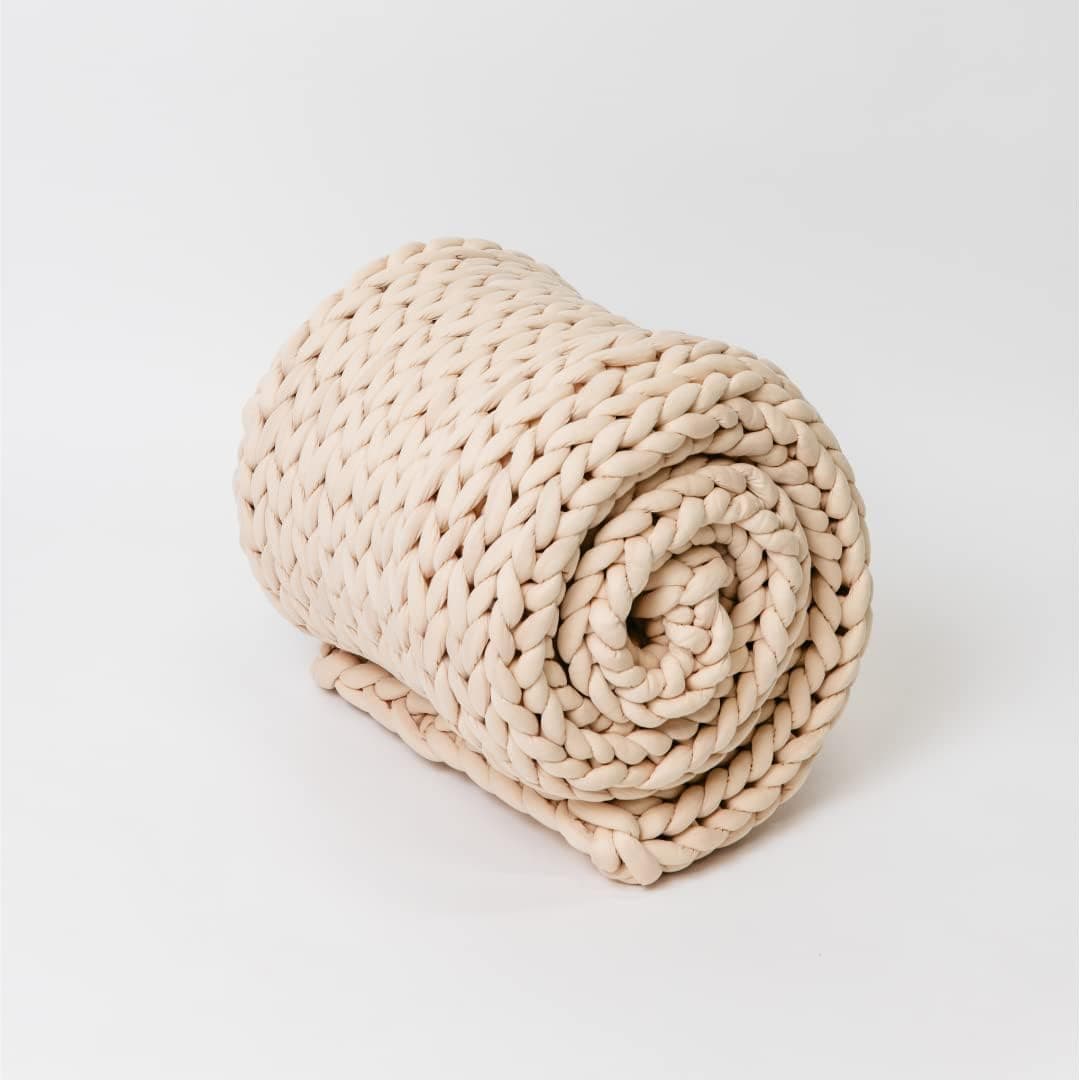 Nuzzie Knit 8lb Twin/Kids Weighted Blanket - Hand Woven Chunky Knit - Breathable and Cooling - Beadless Even Weight - Machine Washable - Beige