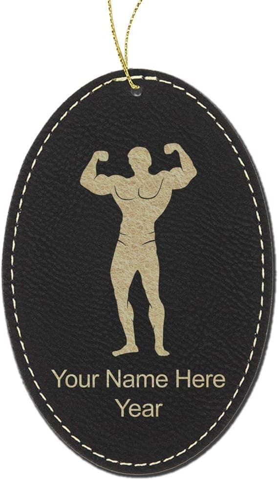 LaserGram Faux Leather Christmas Ornament, Bodybuilder, Personalized Engraving Included (Black with Gold, Oval)