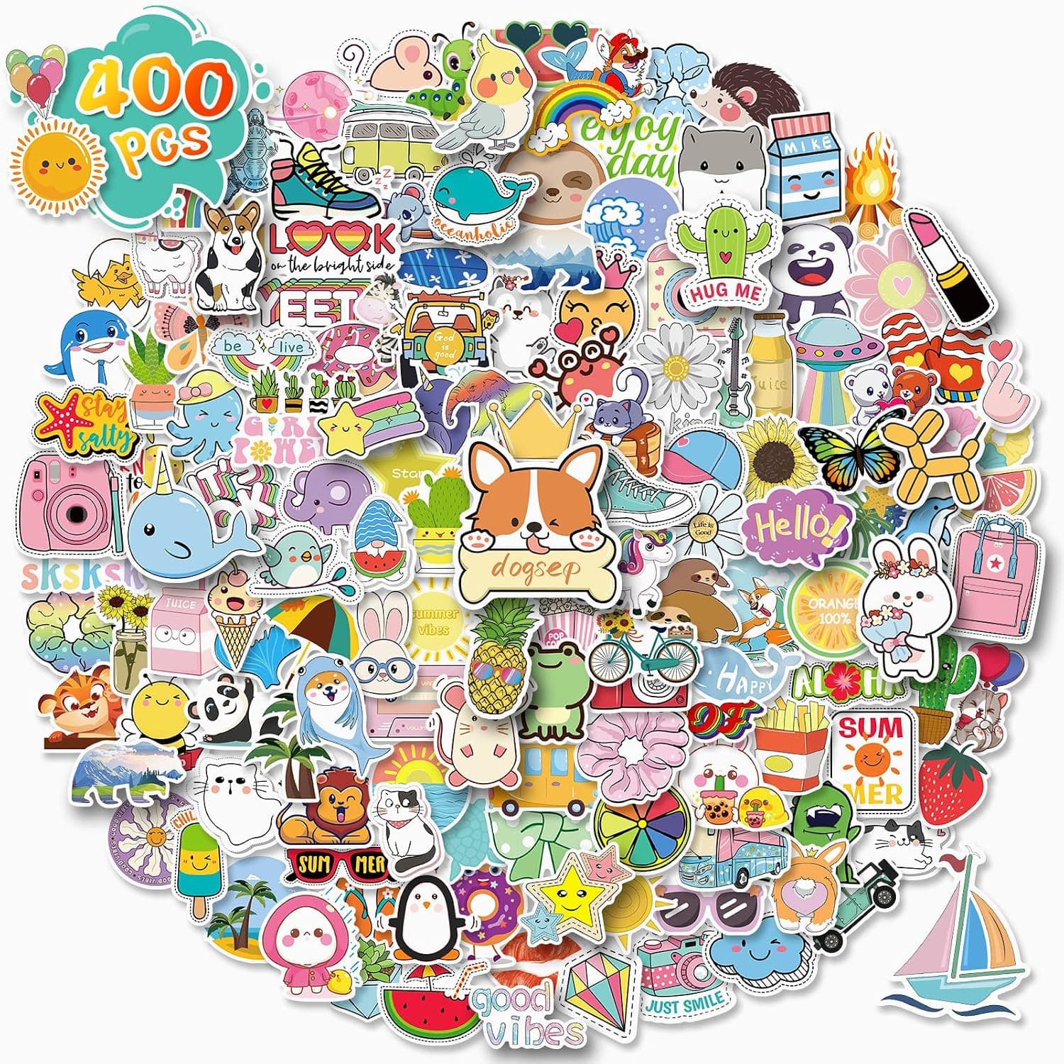 Cute Stickers for Kids, 400Pcs Water Bottle Stickers, Waterproof Vinyl Vsco Aesthetic Sticker Packs for Laptop Skateboard Scrapbook Hydroflask Computer Phone Colorful Teacher Stickers for Teens Girls Kids Adults