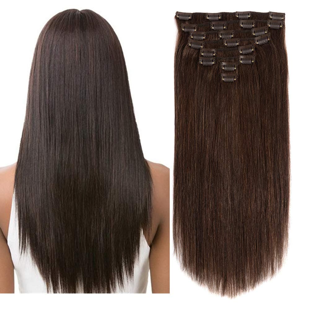 Lovbite Clip in Hair Extensions Real Human Hair Dark Brown 24Inch 120g 8Pcs Double Weft Straight Thick Human Hair Extensions 20Clips in Hair