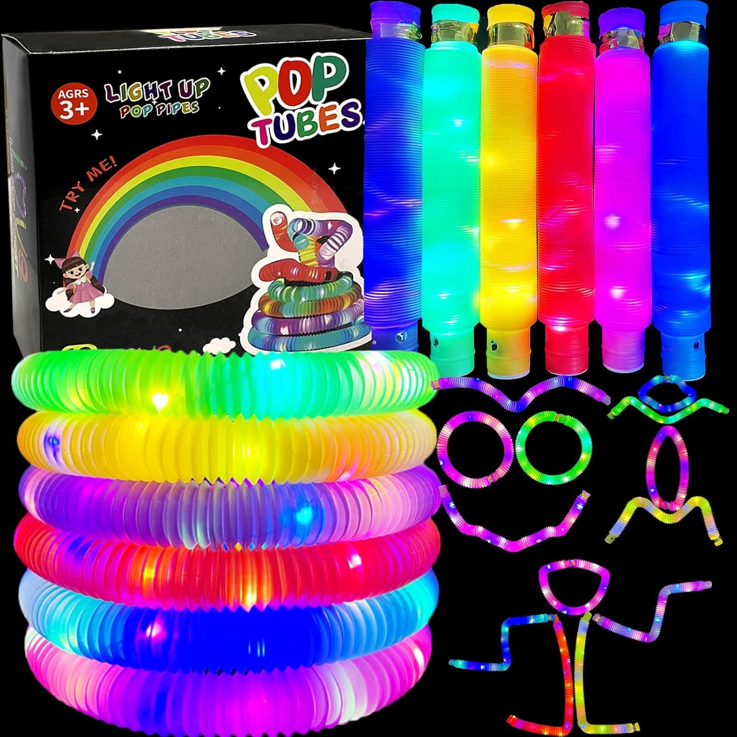 Party Favors for Kids, 12 Pack LED Pop Tubes Fidget Toy, Glow in the Dark Party supplies, Light Up Pop Tubes Toddler Toy Kids Birthday Party Favors Gift Fun Sensory Toy Class Prize