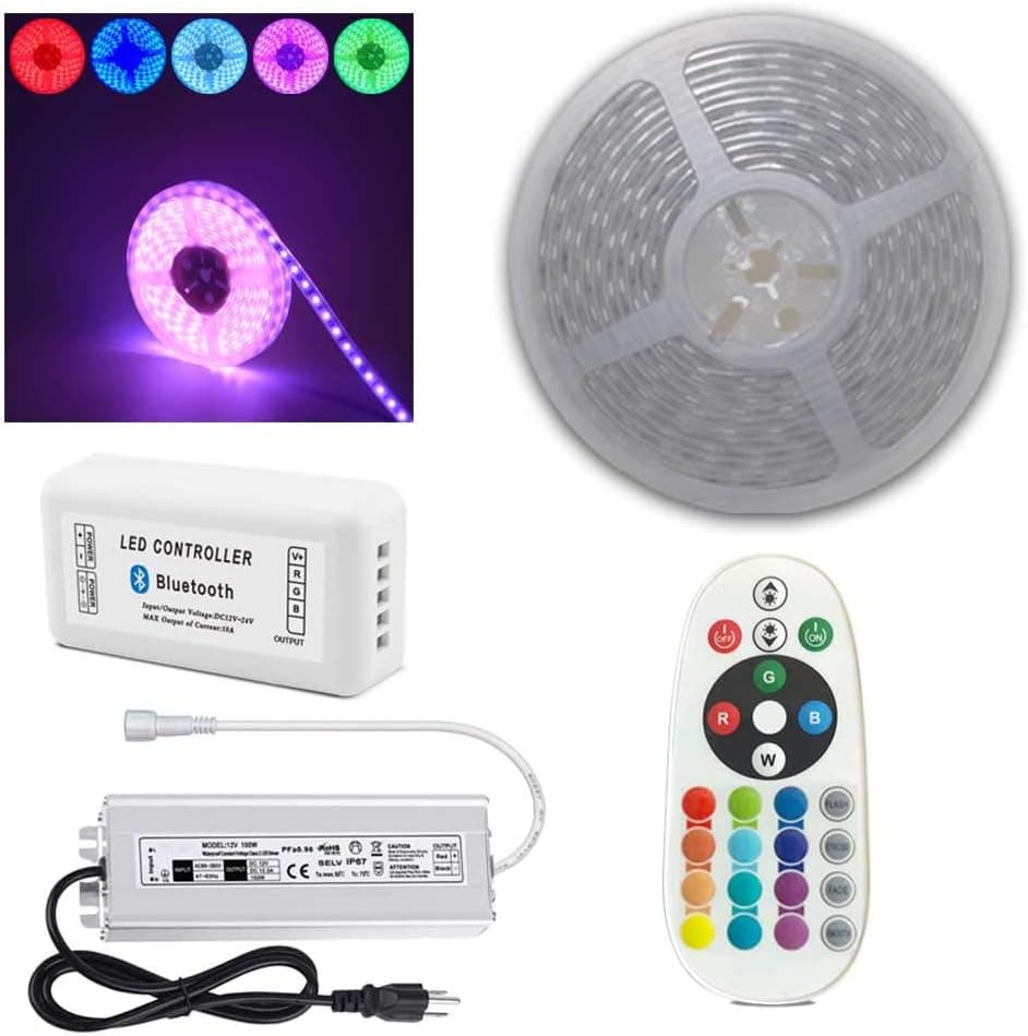 Bluetooth 65Ft/Roll 60LEDs/M 24V IP67 Waterproof 5050 RGB LED Strip Light Flexible w/ 24K IR Remote & Controller(Waterproof) and Power Supply(Waterproof)
