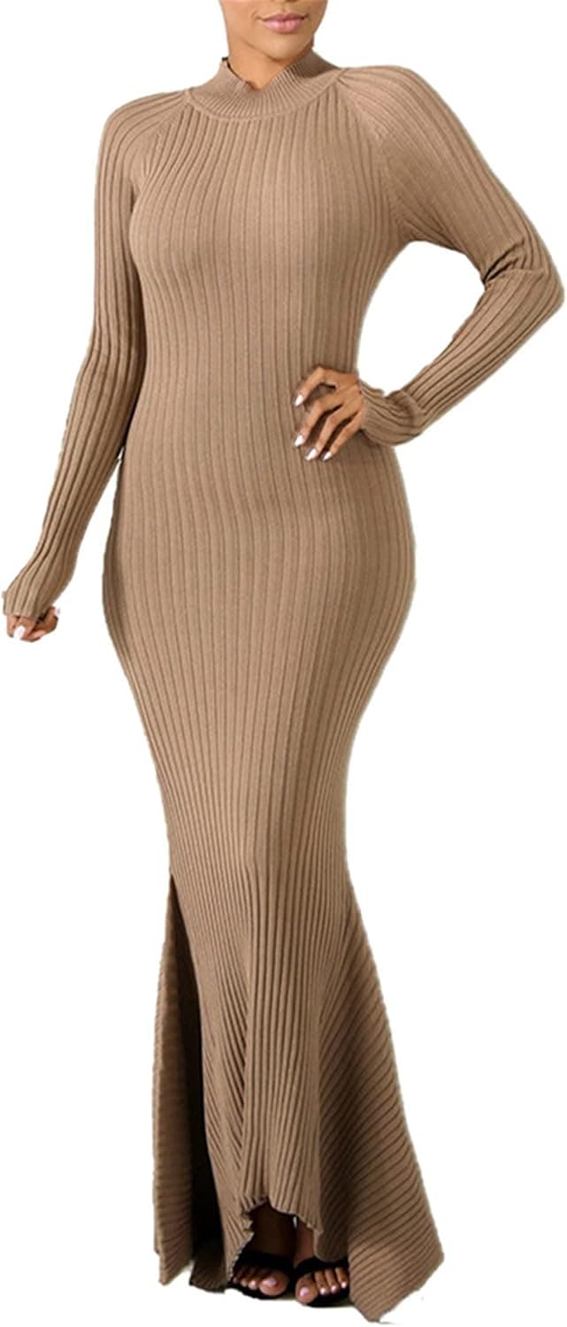Women's Long Sleeve Slim Fit Ribbed Sweater Solid Color Mermaid Bodycon Pencil Dress Khaki XXL