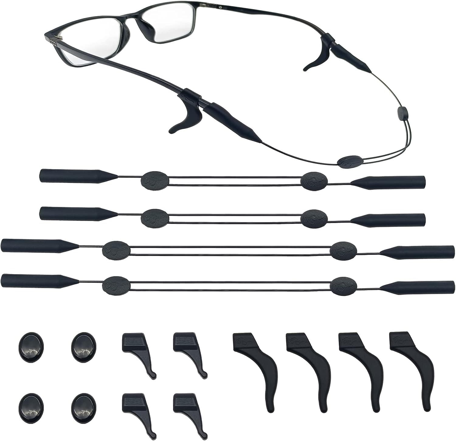 Adjustable Eye Glasses String Strap,Tailless Sunglasses String Holder Strap,With Ear Hook & Grips,Men,Women,Kids, Black
