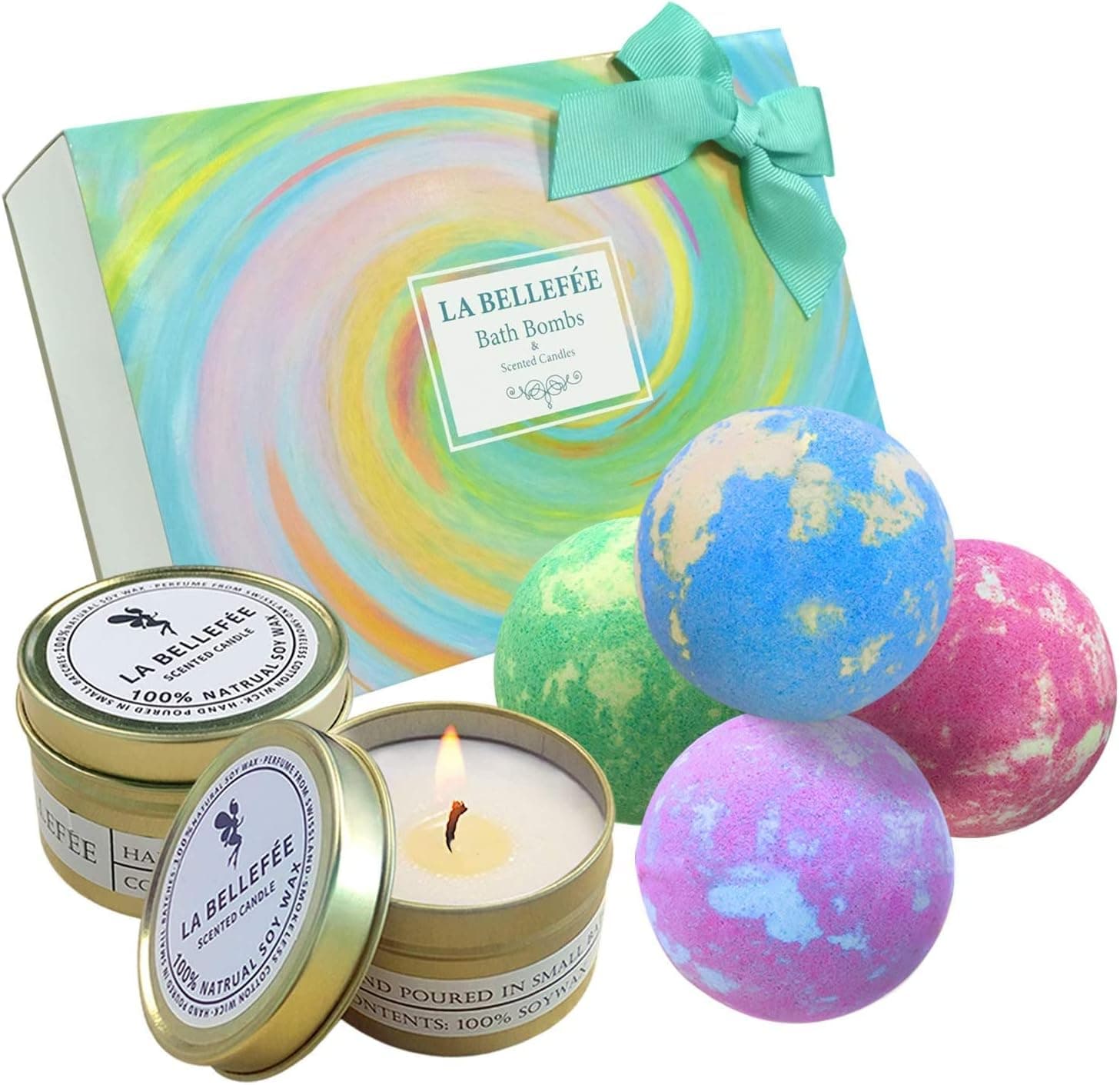 LA BELLEFÉE Bath Bombs Scented Candles Set, Handmade Essential Oil Relaxing Bathbombs, Bubble Spa. Bath Bombs for Women Gifts for Women Fizzy to Moisturize Dry Skin (4 Bath Bomb+2 Candles)
