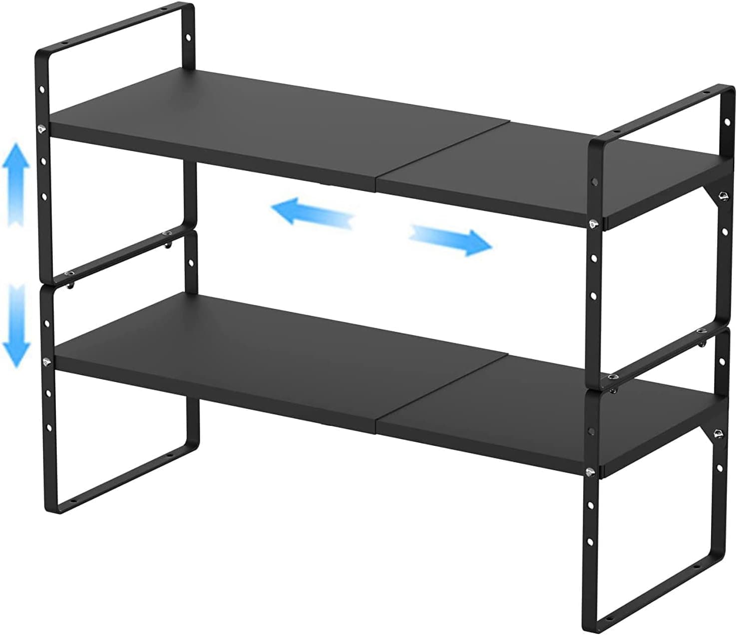 GEDLIRE Expandable Kitchen Cabinet Shelf Organizers 2 Pack, Stackable Metal Pantry Storage Shelves Rack, Adjustable Counter Shelf for Cabinets, Countertop, Cupboard Organizers and Storage, Black