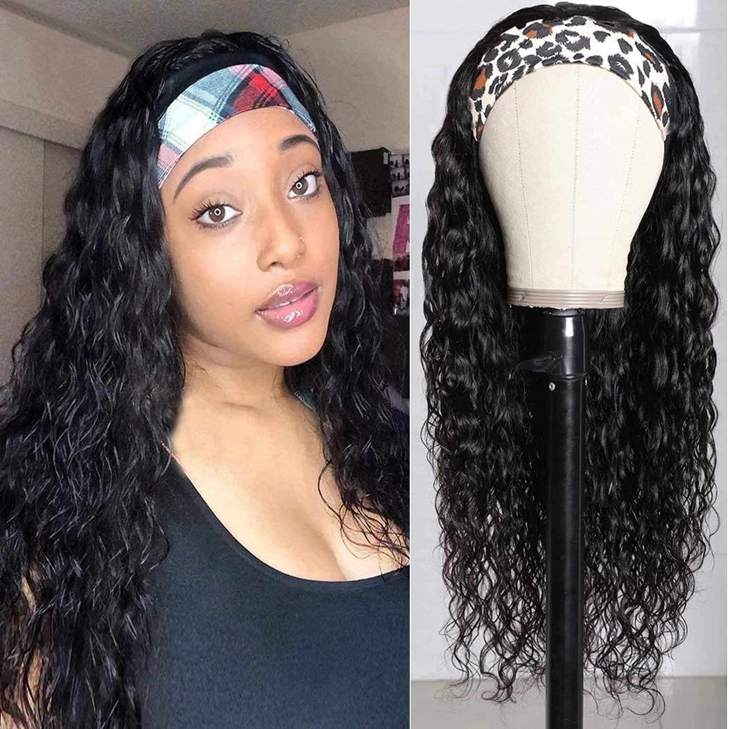 Water Wave Headband Wig Human Hair for Black Women Brazilian Wet and Wavy Curly Human hair Wigs None Lace Front Glueless 150% Density Natural Color (26 Inch)