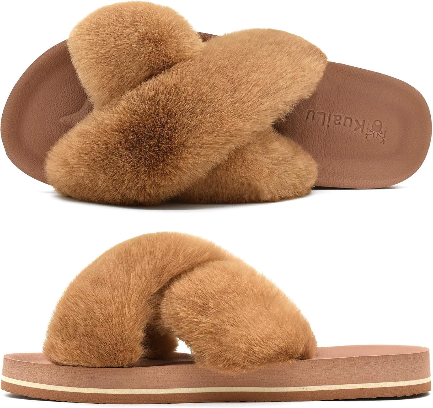 Womens Fluffy Fur Slides Open Toe Slippers Fuzzy Lightweight Soft Yoga Mat Cross Band Slippers Furry Slip on Sandals Slippers Brown Size 8