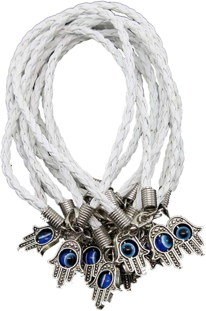 Lot of 10 - "Lucky" Hamsa Kabbalah Bracelets with White Braided String and Rotating Evil Eye Hamsa Hand