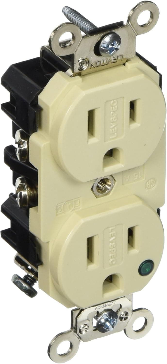 Leviton 8200-PLI 15-Amp, 125 Volt, Extra Heavy Duty Hospital Grade, Duplex Receptacle, Straight Blade, Self Grounding, Power Indication, Ivory