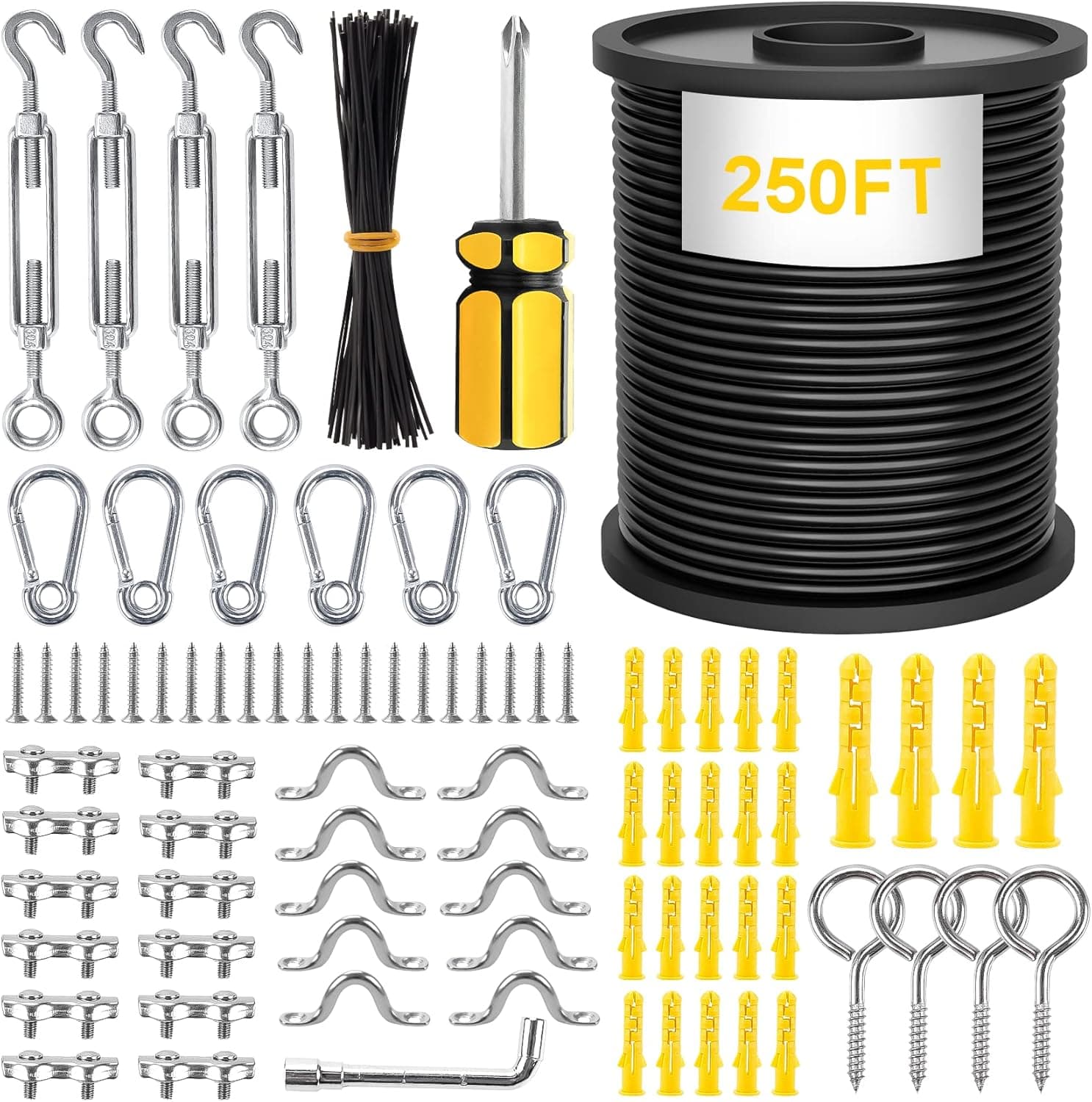 KINSNG String Light Hanging Kit Outdoor Lights Hanging Kit with 250 Ft Black Coated Wire Cable, Turnbuckle, Hooks and Enough Outdoor Accessories for Outside, Patio, Garden Lighting