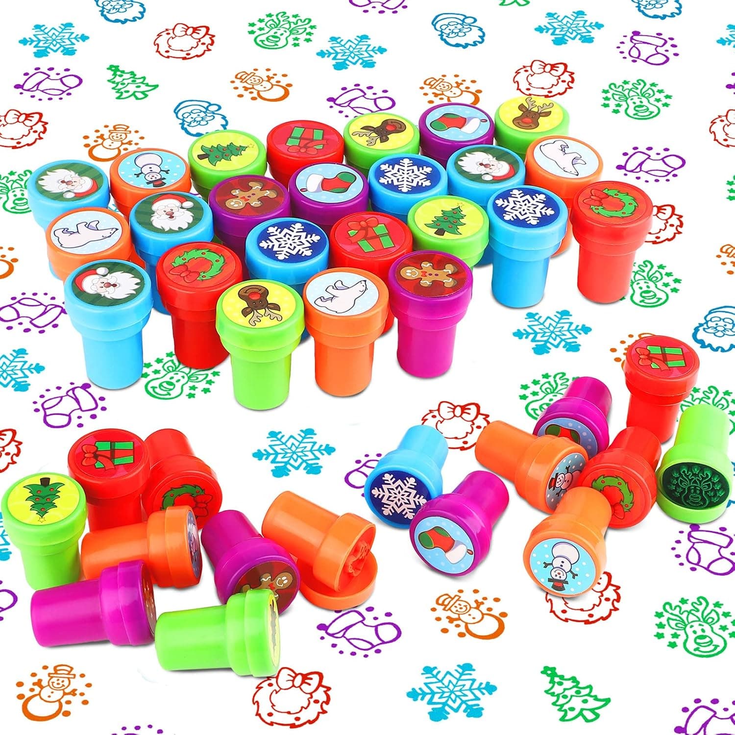 WILLBOND 40 Pack Christmas Stamps Bright Colored Plastic Stamps Assorted Self Ink Stampers with 10 Different Patterns Snowflake Stamps for Prizes, Stocking Filler and Xmas Party Favors