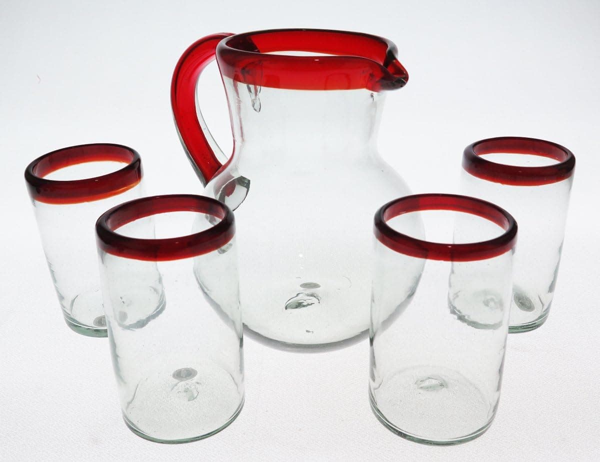 Mexican Glasses and matching pitcher, Red Rim, Red handle pitcher, hand blown, set of 5