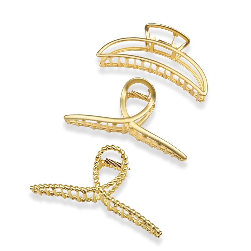 3 Pack Metal Hair Claw Clips, Nonslip Gold Hair Clips, Large Strong Hold Jaw Hair Clamps, Large Hair Clips for Thick Hair, Hair Catch Barrette Jaw Clamp Hair Claws Hairpins Hair Accessories for Women