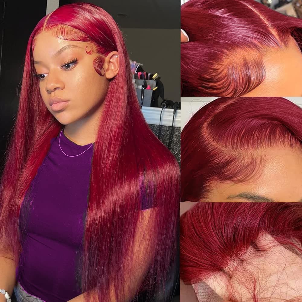 99J Burgundy Lace Front Wigs Human Hair 24inch 13x4 Straight Human Hair Wig for Women 150% Density 99j Transparent Hd Lace Frontal Wig Natural Hairline Wine Red Wig Pre Plucked with Baby Hair 24inch
