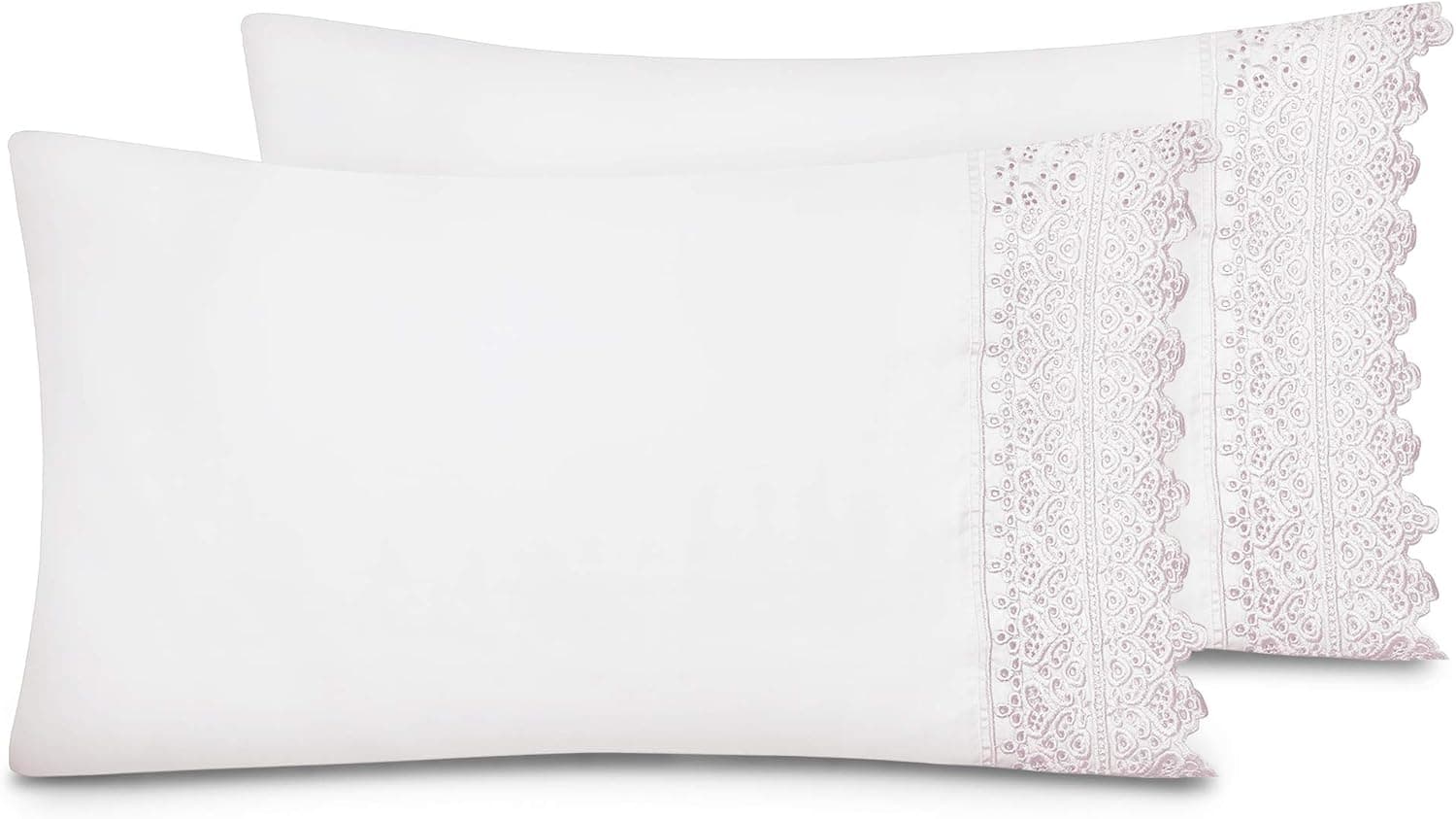 AURAA Smart 1400 Thread Count Cotton Rich, Soft & Smooth Sateen Weave 2 Piece Pillowcases, Artemis Lace Hem, Oeko-TEX Certified - Standard Pillowcase, White