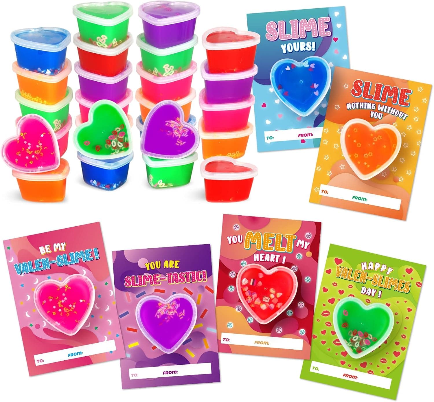 Valentines Day Cards for Kids- 30 Set of Heart Shape Slime Toys and Cards Bulk for Valentine Exchange Gifts, Valentines Party Favors for Kids, School Classroom Valentine's Prizes