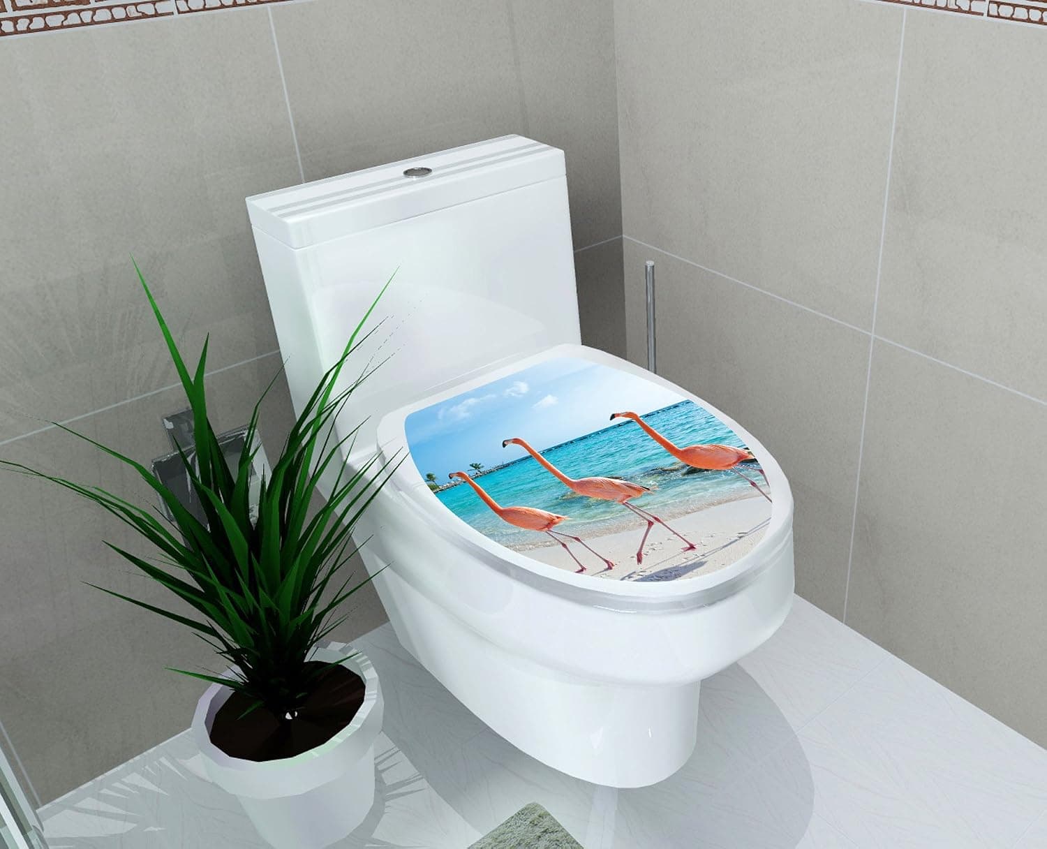 Home Find Toilet Seat Decals Cute 3 Flamingos are Walking on The Beach Removable Waterproof Toilet Seat Wall Stickers for Washroom Bathroom Shower Room Decors 11.8 inches x 14.2 inches