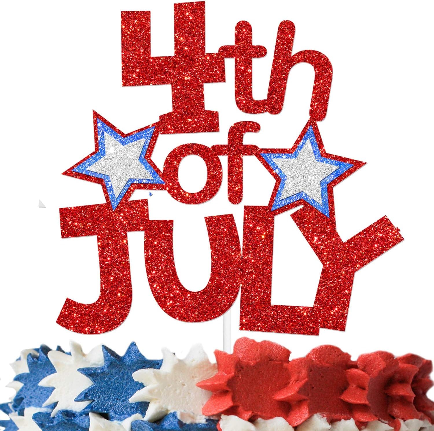 4th of July Cake Topper Red Blue and Silver Glitter Star for Patriotic American National Day Theme Independence Day Fourth of July Party Decorations Supplies