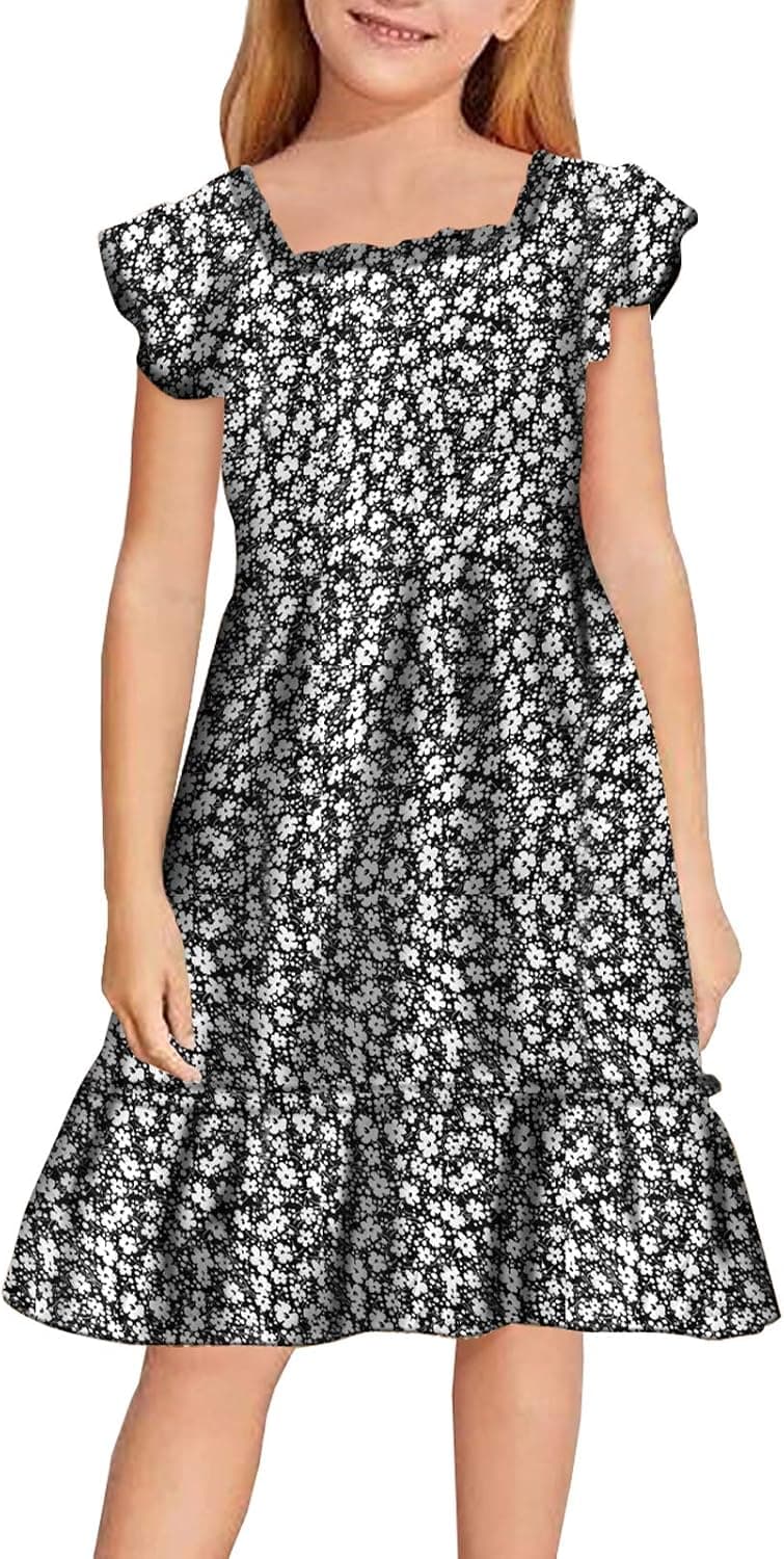 CNJFJ Girls Short Sleeve Dresses Fashion Print Swing Knee-Length Dress Kids Party Clothes
