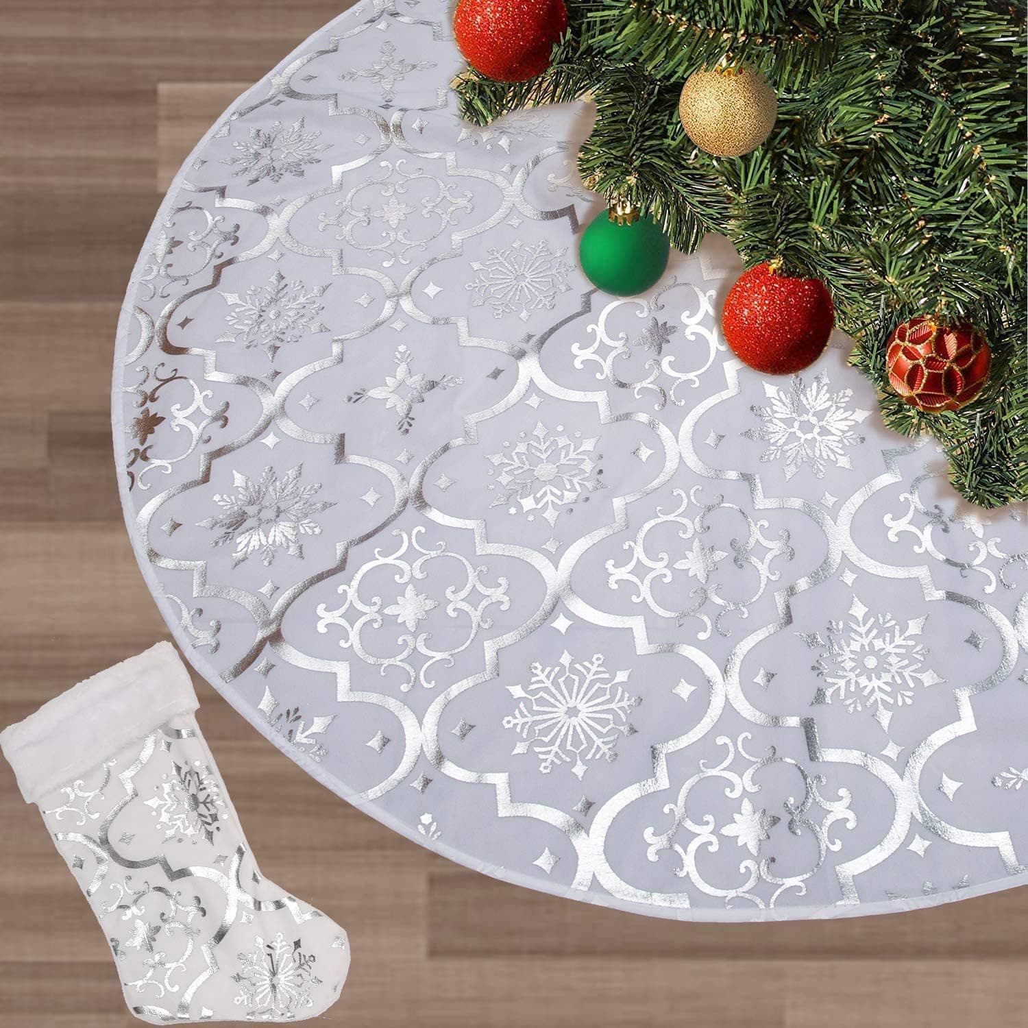 Christmas Tree Skirt,52 inches Large Xmas Tree Skirts with Snowy Pattern for Christmas Tree Decorations (White,52 Inch)