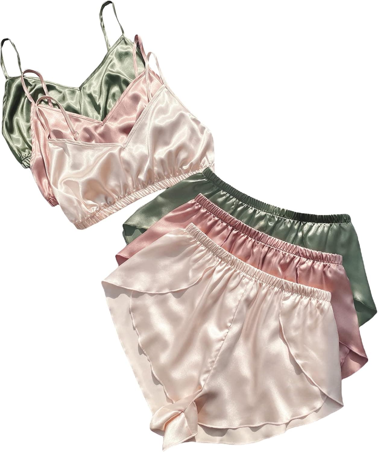 Verdusa Women's 6 Piece Satin Pajama Set Sleepwear Crop Cami Top & Shorts Loungwear