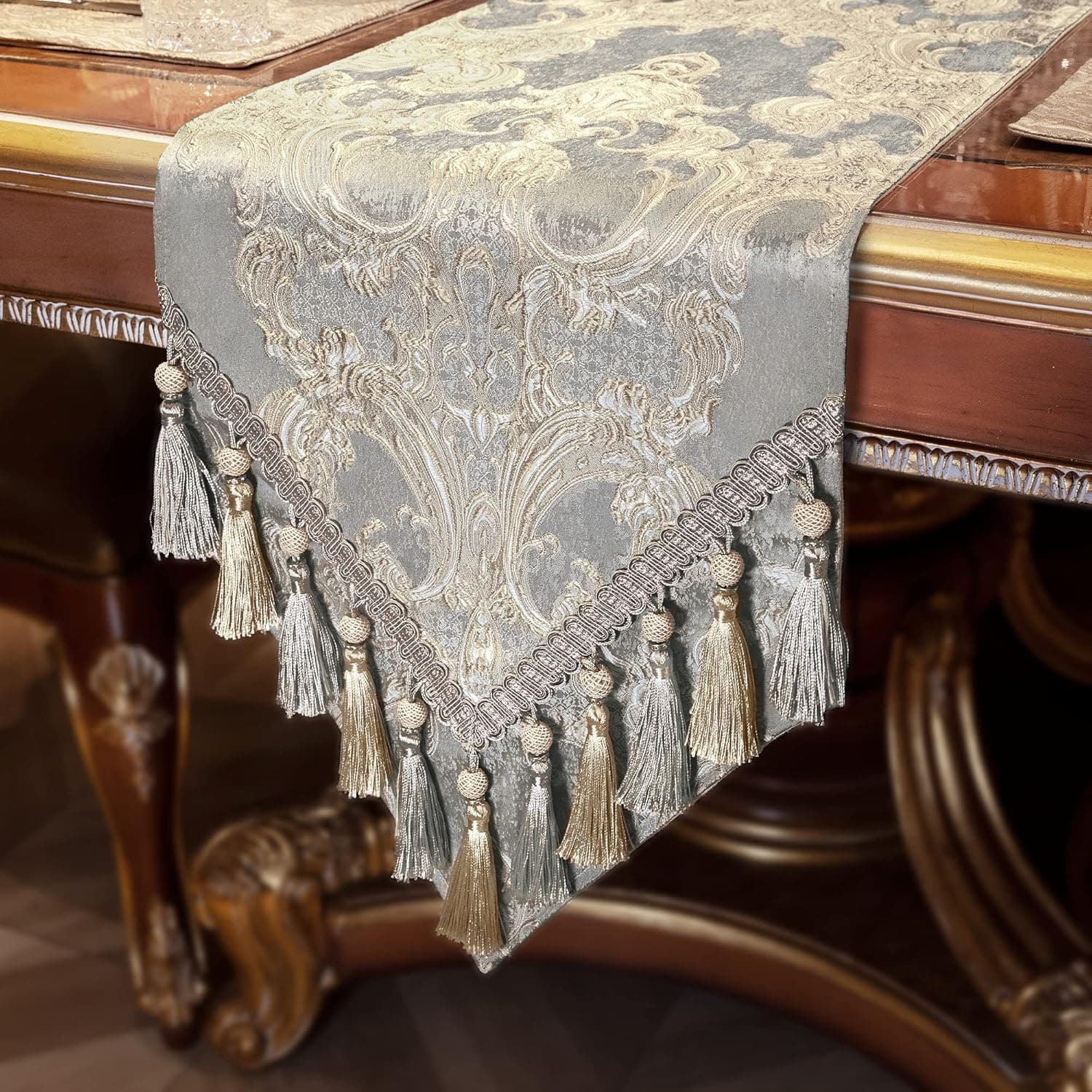 Loom and Mill Luxury Table Runner 72 Inches Long, Elegant Jacquard Dining Table Runners with Handmade Multi-Tassels for Dining Room Dresser Party Holiday Banquet Decoration(Gray, 13 * 72 inch)
