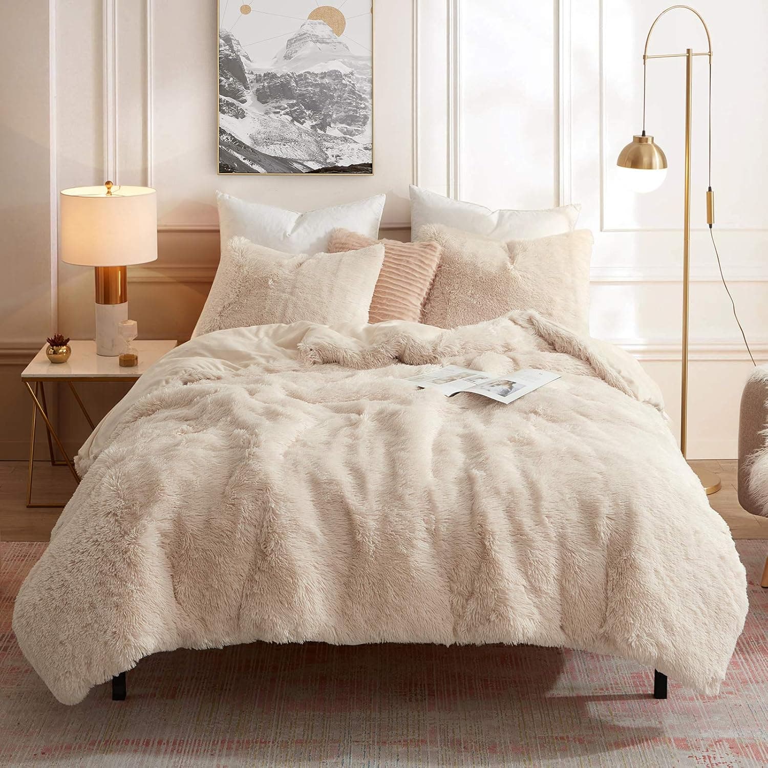 Faux Fur Duvet Cover Set Plush Shaggy Fluffy Fuzzy Soft Warm Cozy Velvet Comforter Bedding Cover with Ties Zipper Closure (1 Duvet Cover + 2 Pillowcase,NO INSIDE FILLER)(King Size , Beige White)