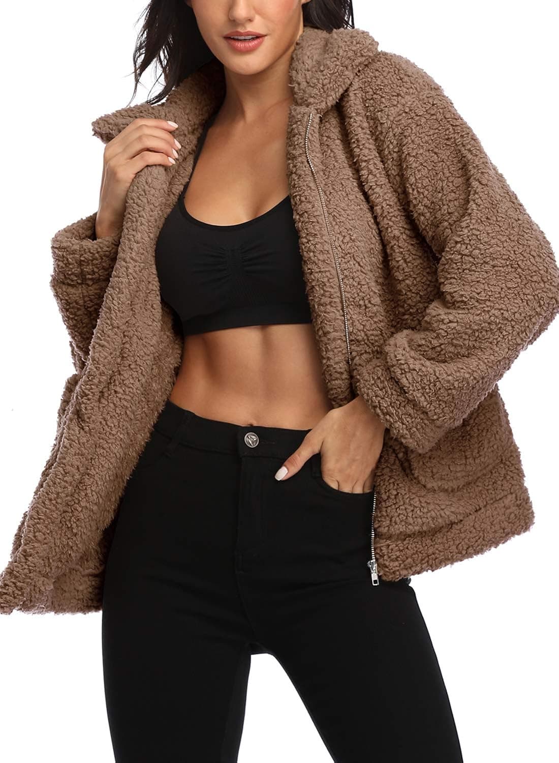 EZIGO Women's Fuzzy Fleece Sherpa Jacket Coat Warm Winter Faux Fur Shearling Jacket Coat with Pocket