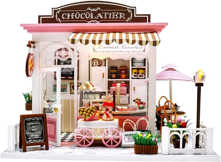 Miniature Dollhouse Kit DIY Dollhouse Wooden Miniature Furniture Kit Mini Pink Chocolate Store with LED Light Sweet Birthday for Adults ,Girls 1:24 Scale with Dust Cover