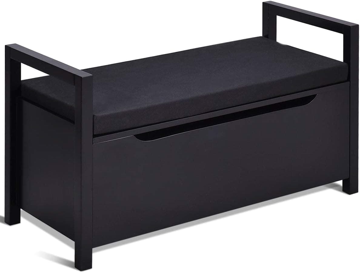 Giantex Shoe Storage Bench with Cushion, Entryway Storage Benches, End of Bed Bench for Bedroom, Wood Shoe Bench with Seat, 34" L×15" W×19" H, Black