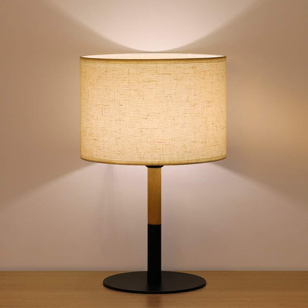 HAITRAL Bedside Table Lamp - Simple Nightstand Lamp with Metal Base, Wooden Frame and Line Fabric Shade Elegant Lamps for Bedrooms, Living Room, Office - Black (HT-TH72-02)