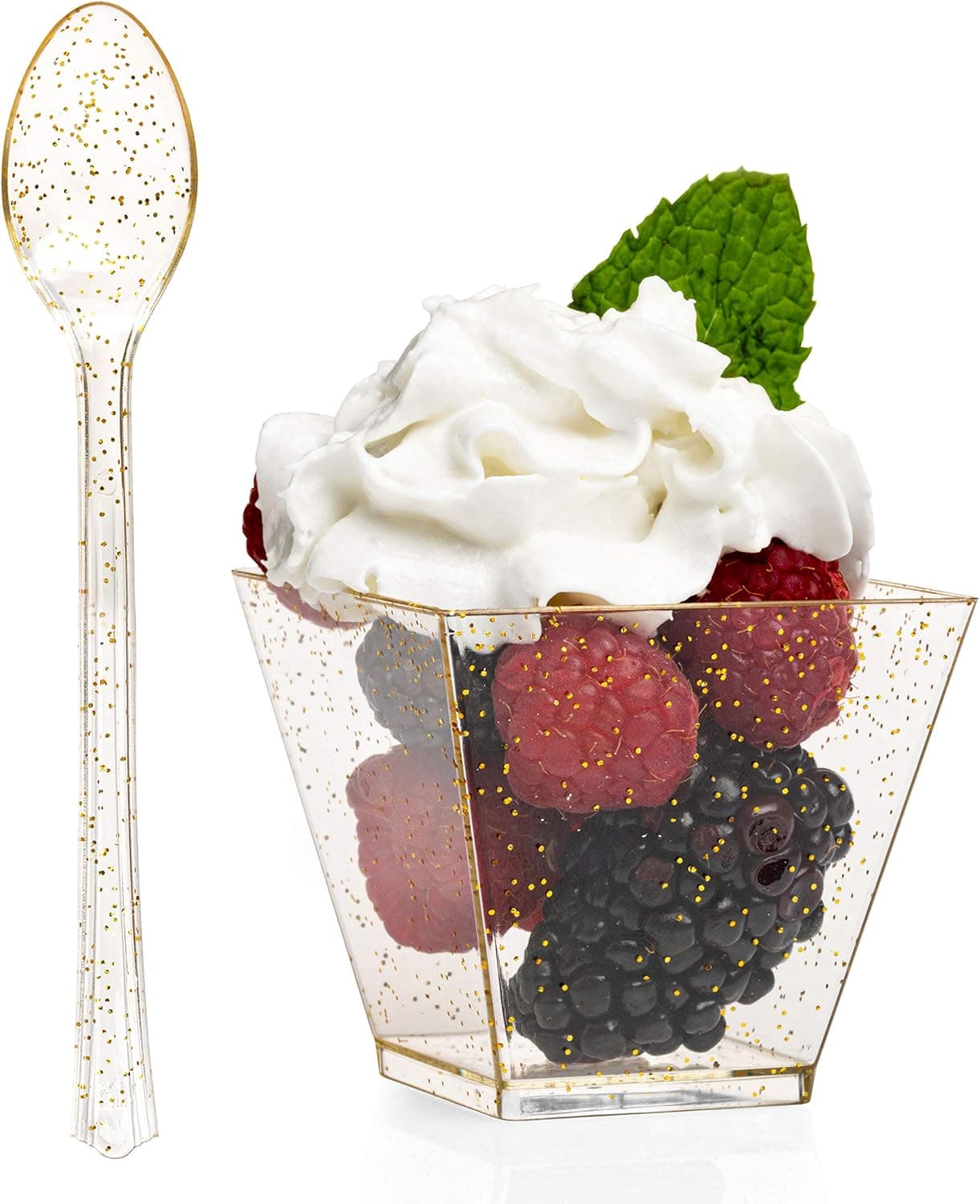 100 Mini Plastic Dessert Cups with Spoons - 2 oz Gold Glitter Dessert Shooters for Chocolate Desserts, Appetizers, Samplers, Shot Glasses & More