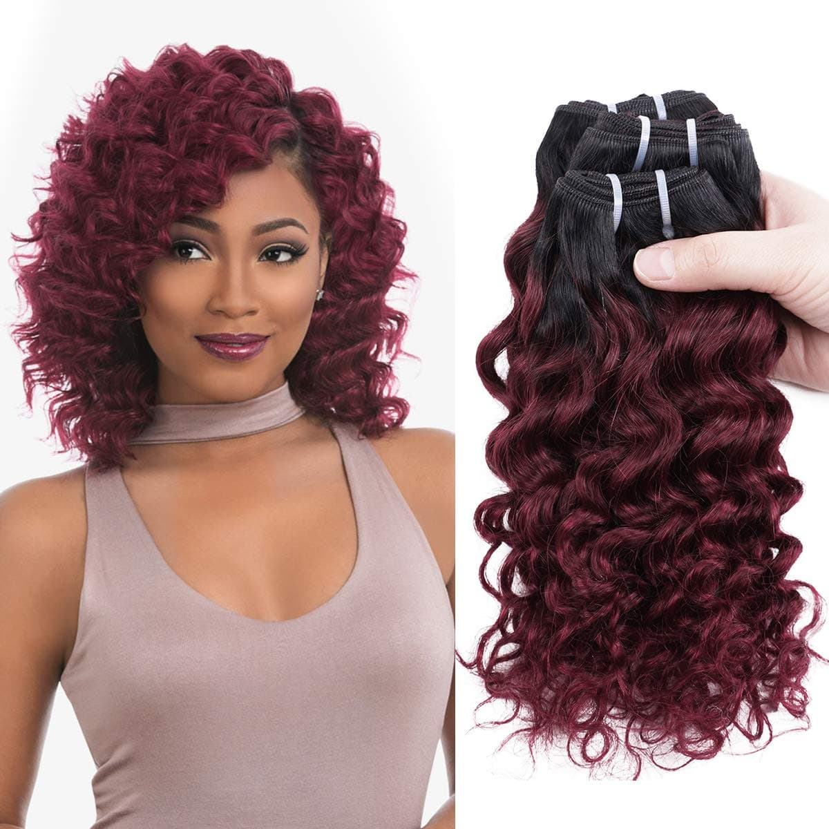 FASHION LINE 4 Bundles Deep Wave Short Bob Style Ombre 1B/99J Virgin Human Hair Bundles 50g Two Tone Burgundy Red Brazilian Hair Weave 14”