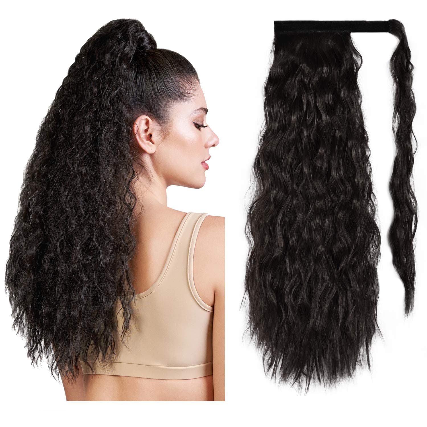 PEACOCO Corn Wave Ponytail for Black Women, 24 Inch Long Wavy Curly Hair Fluffy Pony Tail Hair Piece Magic Paste Synthetic Wrap Around Ponytail Extension ( 4# )