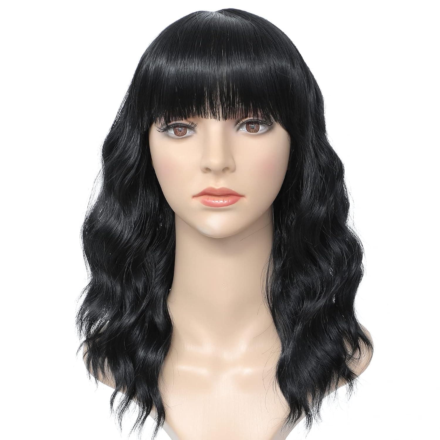 SLAHONCY Short Wavy Wig with Bangs Curly Shoulder Length Black Bob Wigs Heat Resistant Synthetic Natural Looking Loose Wave Wig for Women Daily Party Cosplay Wear