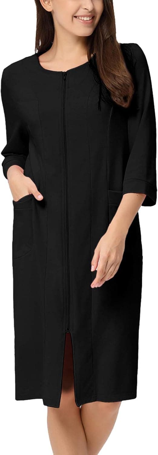Zexxxy Women's Zipper Robes Half Sleeve Zip Front Robe Knee Length Lightweight Housecoats with Pockets S-2XL