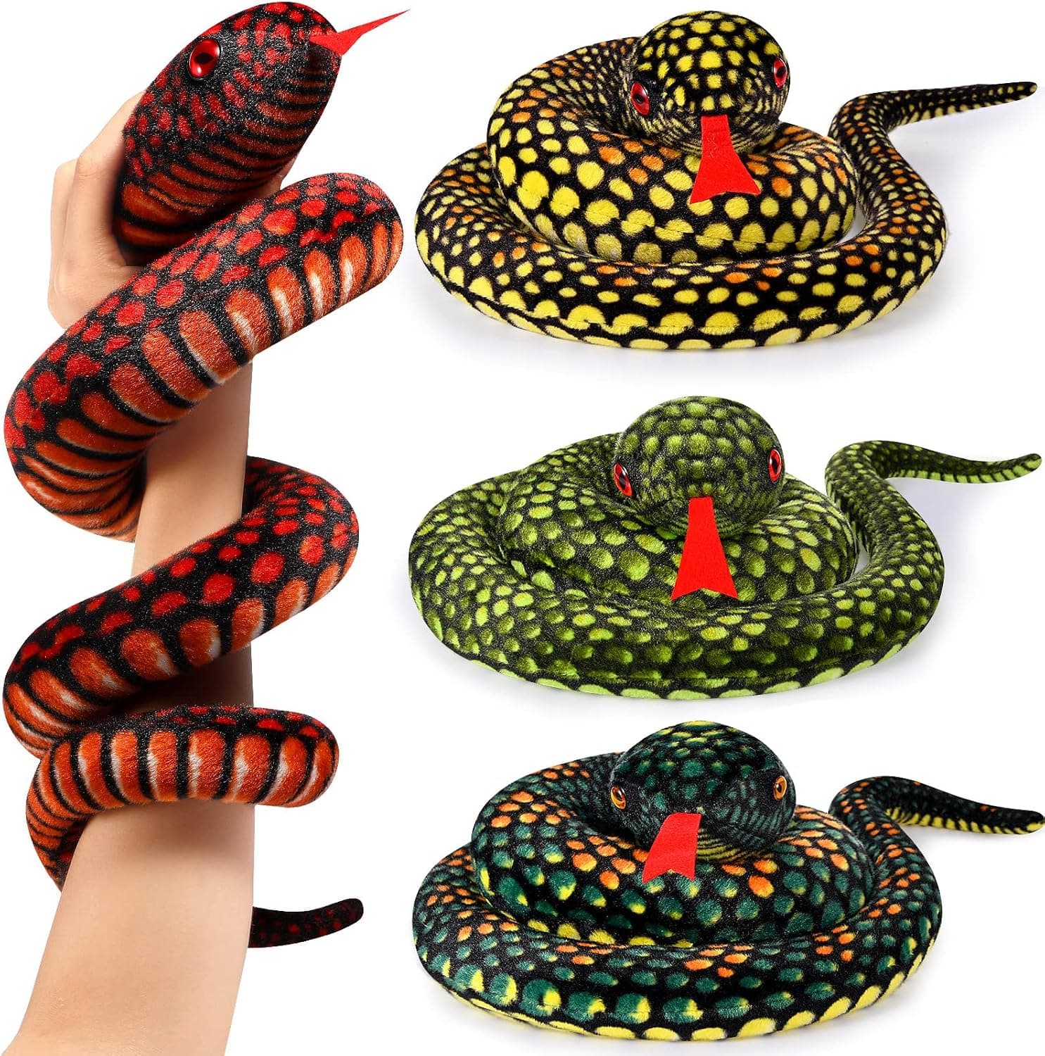 4 Pcs 43 Inch Cobra Snake Stuffed Animal Plush Large Snake Plush Red Eyes Stuffed Snake Giant Stuffed Animal Snake Realistic Stuffed Animals for Birthday Party Gifts Prank Prop, Yellow Blue Green Red