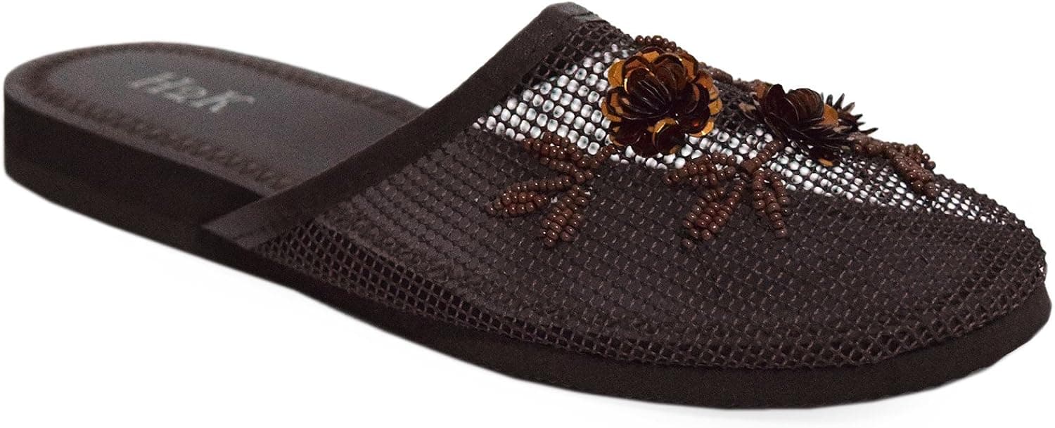 H2K 'SYLVIA' Women's Original [Super Lightweight] Mesh Flat Ventilated Slippers with Floral Embellishment