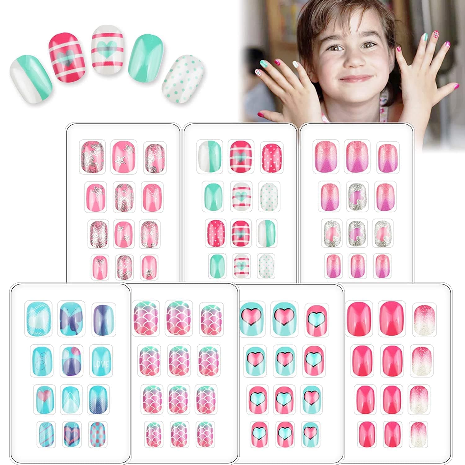 84 Pcs Fake Nails for Kids Toddlers Stick on Nails Pre Glue Press on Nails Kit for Girls Ages 7-12 Little Girls Glitter Gradient Glue on Nails for Children Holiday Party Gift